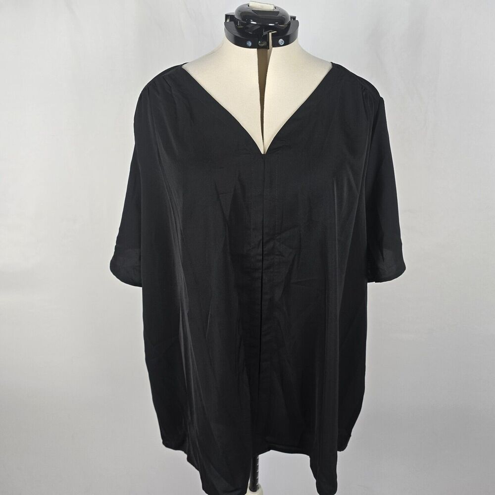 Bloomchic Blouse Women's 3X Black Short Sleeve V Neck High Low Hem Ruffles NWT